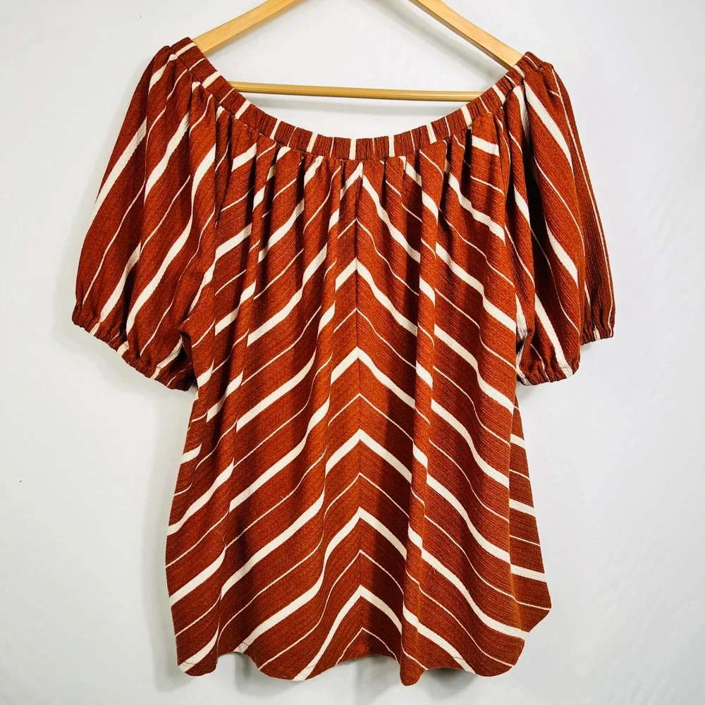 Anthropologie‎ Rust Orange White Striped Off the Shoulder Puff Sleeve Top Large